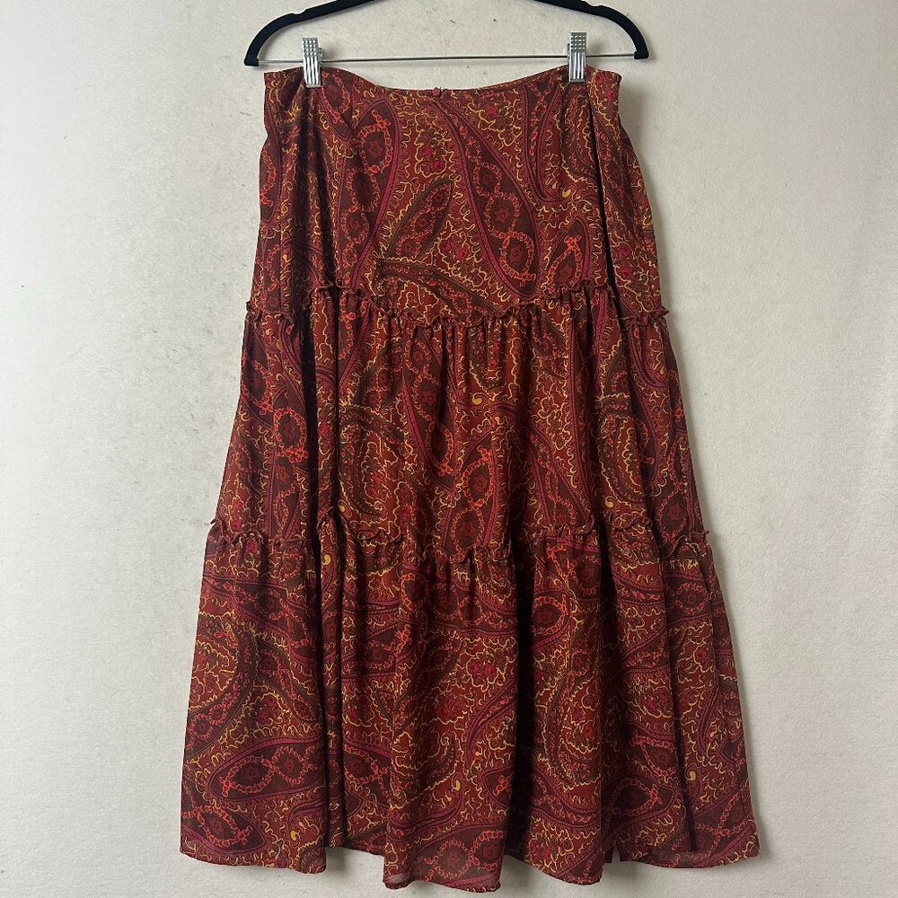 Chadwicks skirt sz 12P maxi paisley tiered chiffon gold red holiday party PETITE